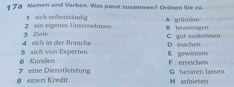 17a Nomen und Verben. Was passt zusammen? Ordnen Sie zu.
1 sich selbstständig Augründen
2 ein eigenes Unternehmen B beantragen
3 Ziele
C gut auskennen
4 sich in der Branche D machen
5 sich von Experten E gewinnen
6 Kunden F erreichen
7 eine Dienstleistung G beraten lassen
8 einen Kredit H anbieten