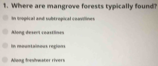 Where are mangrove forests typically found?
In tropical and subtropical coastlines
Along desert coastlines
In mountainous regions
Along freshwater rivers