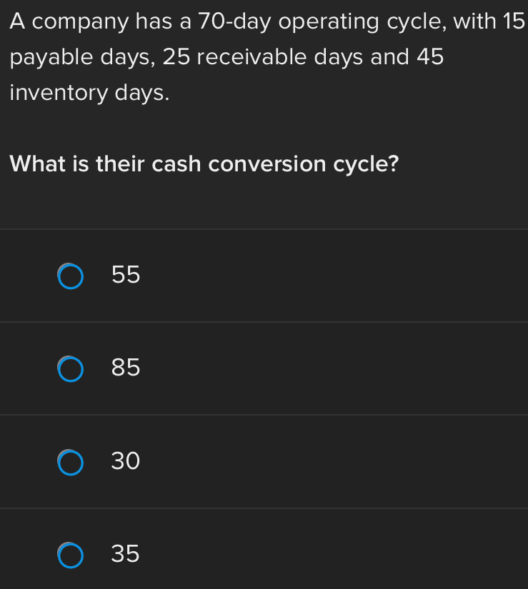 Solved: A company has a 70-day operating cycle, with 15 payable days ...