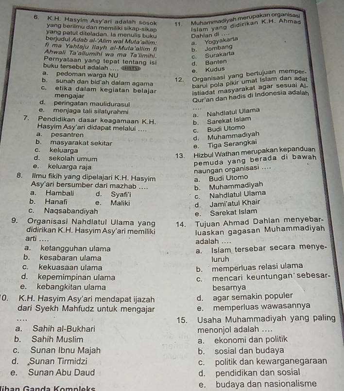 Hasyim Asy'ari adalah sosok 11. Muhammadiyah merupakan organisa
yang berilmu dan memiliki sikap-sikap Islam yang didirikan K.H. Ahmad
yang patut diteladan. la menulis buku Dahlan di ....
berjudul Adab al-'Alim wal Muta'allim: a. Yogyakarta
fi ma Yahtaju llayh al-Muta'allim fi b. Jombang
Ahwali Ta'allumihi wa ma Ta'limihi. c. Surakarta
Pernyataan yang tepat tentang isi d. Banten
buku tersebut adalah .... s
e. Kudus
a. pedoman warga NU
12. Organisasi yang bertujuan memper
b. sunah dan bid'ah dalam agama
barui pola pikir umat Islam dan adat
c. etika dalam kegiatan belajar istiadat masyarakat agar sesuai A
mengajar
Qur'an dan hadis di Indonesia adalah
d. peringatan maulidurasul
e. menjaga tali silatyrahmi
a. Nahdlatul Ulama
7. Pendidikan dasar keagamaan K.H. b. Sarekat Islam
Hasyim Asy'ari didapat melalui .... c. Budi Utomo
a. pesantren
d. Muhammadiyah
b. masyarakat sekitar
e. Tiga Serangkai
c. keluarga
d. sekolah umum
13. Hizbul Wathan merupakan kepanduan
e. keluarga raja
pemuda yang berada di bawah 
naungan organisasi ....
8. Ilmu fikih yang dipelajari K.H. Hasyim a. Budi Utomo
Asy'ari bersumber dari mazhab .... b. Muhammadiyah
a. Hambali d. Syafi'i
c. Nahdlatul Ulama
b. Hanafi e. Maliki
d Jami'atul Khair
c. Naqsabandiyah
e. Sarekat Islam
9. Organisasi Nahdlatul Ulama yang 14. Tujuan Ahmad Dahlan menyebar-
didirikan K.H. Hasyim Asy'ari memiliki luaskan gagasan Muhammadiyah
arti .... adalah ....
a. ketangguhan ulama
a. Islam tersebar secara menye-
b. kesabaran ulama luruh
c. kekuasaan ulama
b. memperluas relasi ulama
d. kepemimpinan ulama c. mencari keuntungan  sebesar-
e. kebangkitan ulama besarnya
10. K.H. Hasyim Asy'ari mendapat ijazah d. agar semakin populer
dari Syekh Mahfudz untuk mengajar e. memperluas wawasannya
..
15. Usaha Muhammadiyah yang paling
a. Sahih al-Bukhari menonjol adalah ....
b. Sahih Muslim a. ekonomi dan politik
c. Sunan Ibnu Majah b. sosial dan budaya
d. Sunan Tirmidzi c. politik dan kewarganegaraan
e. Sunan Abu Daud d. pendidikan dan sosial
Jhan Ganda Kompleks e. budaya dan nasionalisme