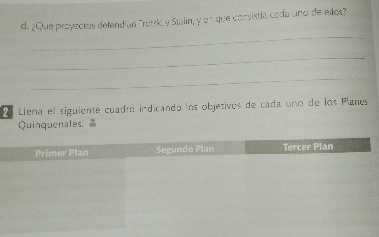 ¿Qué proyectos defendían Trotski y Stalin, y en que consistía cada uno de ellos? 
_ 
_ 
_ 
2 Llena el siguiente cuadro indicando los objetivos de cada uno de los Planes 
Quinquenales.