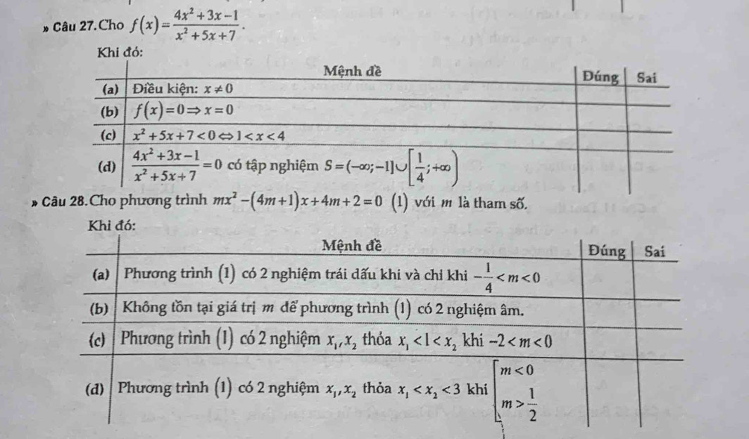 Cho f(x)= (4x^2+3x-1)/x^2+5x+7 .
Khi đỏ:
Câu 28.Cho phương trình mx^2-(4m+1)x+4m+2=0 (1) với m là tham số.