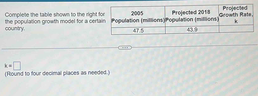 Complete the table shown to the right f 
the population growth model for a certa 
country.
k=□
(Round to four decimal places as needed.)