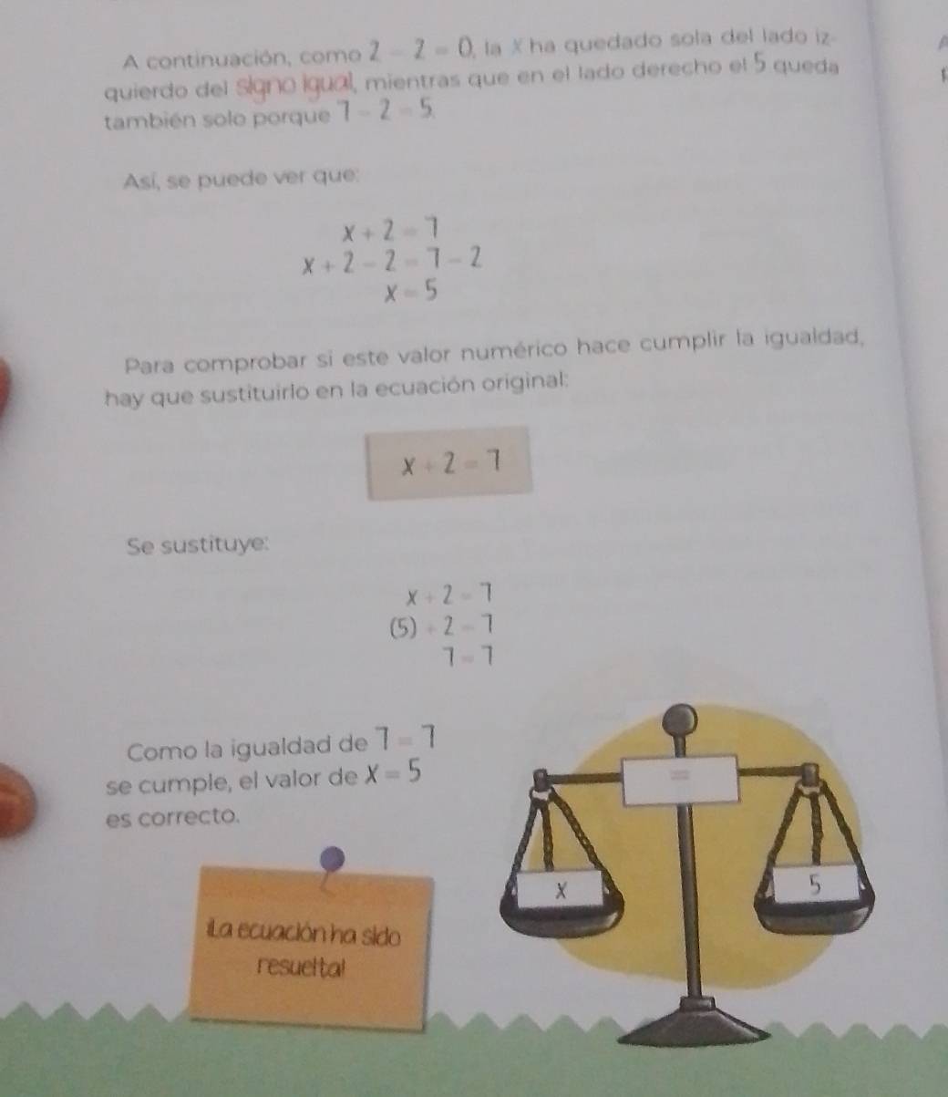 A continuación, como 2-2=0 la X ha quedado sola del lado iz 
quierdo del síqno iqual, mientras que en el lado derecho el 5 queda 
también solo porque 7-2=5
Así, se puede ver que:
x+2=7
x+2-2=7-2
x=5
Para comprobar si este valor numérico hace cumplir la igualdad, 
hay que sustituirlo en la ecuación original:
x+2=7
Se sustituye:
x/ 2=7
(5) +2-7
7=7
Como la igualdad de 7=7
se cumple, el valor de x=5
es correcto. 
iLa ecuación ha sido 
resueltal