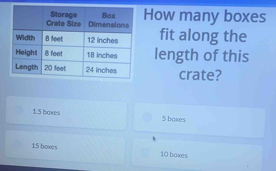 How many boxes
fit along the
length of this
crate?
1.5 boxes 5 boxes
15 boxes 10 boxes