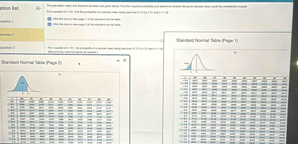 stion list The population mean and standard deviation are given below. Find the required probability and determine whether the given sample mean would be considered unusual.
For a sample of n=61 , find the probability of a sample mean being less than 21.2ifmu =21 and sigma =1.18
Click the icon to view pags 1 of the standard normal table.
uestion 1 Click the icon to view page 2 of the standard normal table.
Question 2
Standard Normal Table (Page 1)
Question 3 For a sample of n=6 , the probability of a sample mean being less than mu =21 and sigma =1.18
(Round to four decimal places as needed )
Standard Normal Table (Page 2)
×
 .00 08 .07 . 06 05 04 .0 .02 01 .00
-  33 = 14 0002 0003 0003 0004 0003 0003 0004 000 3 0004 .000 3 0003 0005 .0005 .0003 000S 0003
= 3. 2 0005 0005 0004 0004 0004
0005
0003 0001 0008
- 3.1 0006 0000 .0006 0006 0007 .0007
= 3.0 .0007 .0010 0010 0007 0008 0011 DOO' 0011 DOs8 0013 0013 .()□□0 n09 0013 .0009 0010 0013
0011 0013
- 2.9 0014 0014 0015 0015 0016 0016 0012 .0018 0025
60 .01 02 03 04 05 6 07 0 .09 - 2.8 .0019 0021 0029 0021 0023 0031 0023 0032 0023 .0024 0010 pe1s .0026 0019
.. 5000 500 5000 .5120 5517 5551 5536 52 19 5675 ,5714 .5319 5359 - 2.7 00 3 0026 0020 0017 0038 0 n 0021 030 00-40 005$ 0041 0041 .0059 0044 0013 0034 0045 0043
.5 5438 547 5160 5199 5279
- 1.6 0037
0.3 0.3 5793 5812 5671 5910 9948 5v87 602% 6064 6103 6480 6517 6141 -21 = 2.4 .0048 0066 0049 .0051 .0053 0071 0075 0057 0078 .0060 0062
“” .5753 0068
0054
03 6179 ce
0.4 6554 6591 6217 6255 6293 6131 636 6406 6443 .0069 0073 0080 0082
0064 0107
- 2.2 0113
0.6 0.5 4915 6950 5905 6628 6700 6736 6772 6800 7190 7224 679 ~ 23 .0110 .0084 08 1 0150 0116 0119 0091 0094 0122 0096 .0129 0099 0112 0102 ,0104 0136 0139
7291 7124 7919 7054 7123 757 7549 = 2.1 .0143 0146 0154 0158 0166 4120 4174 0179
7611 J6 7673 7157 7389 7427 7454 Jasé .75 17
07 7980 7001 7910 7939 70 7995 8023 7734 8OS 1 J764 8078 7794 ,7823 8106 8133 7452 = 2.0 .0233 .0183 0188 0244 0192 n250 .0197 0202 0263 6207 .0268 0212 0217 0222 0281 0287 0238
7704 = 1.9 0239 8256
0.4 .0294 0314
- 1.8 .04 18
10 8413 #159 AT0 8212 823a 8264 8500 8531 8209 .8554 8315 8340 8577 8599 8365 A109 -U 0367 0455 0375 0301 OM 0307 0192 6401 4122 0409 0129 0336 0427 0344 0274 0351 0446 ,0359
80 6645 8461 885
8621 0438
M30 -14 0559 045 0475 0485 6495 0505 0516 .0526 0537
8729 8749 AF70 8790 510 AR = 1.5 07□8 0594
13 301 xn 8963 ,0997 0548
944
: 8049 669 - M07 9005 8925 9099 9115 9131 9147 9162 9177 .9015 0823 0681 0694 0571 0582 0721 0735 0606 0518 0650 0778 0643 0655 088
De65
0749 0764 0793
1.4 9192 9203 9223 9736 9251 9365 9J79 9292 9 306 9319 − 1,3 ~ 14 D M 0853 Deas 0901