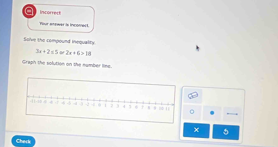 Incorrect 
Your answer is incorrect. 
Solve the compound inequality.
3x+2≤ 5 or 2x+6>18
Graph the solution on the number line. 
× 5
Check