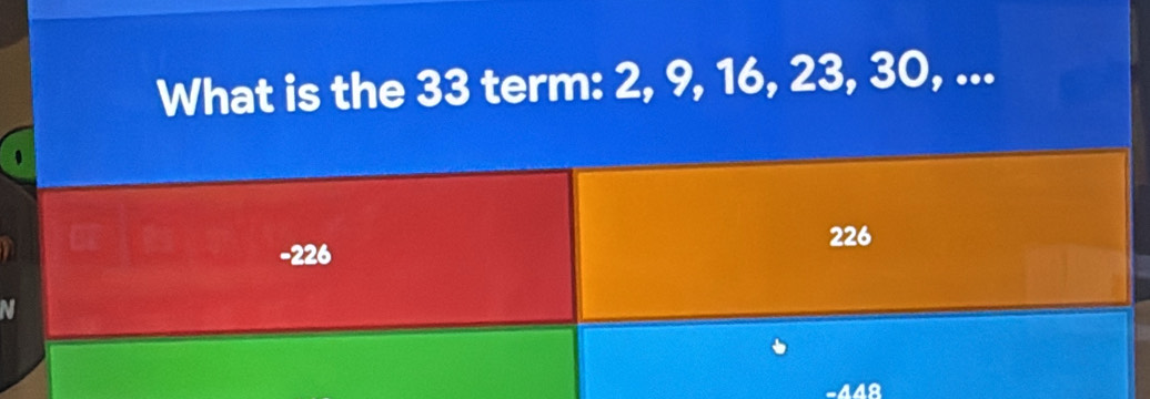 What is the 33 term: 2, 9, 16, 23, 30, ...
-226 226
-442