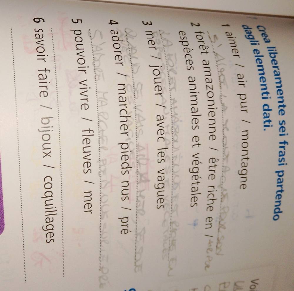 Crea liberamente sei frasi partendo 
dagli elementi dati. 
Voi 
_ 
1 aimer / air pur / montagne 
2 forêt amazonienne / être riche en / 
_ 
espèces animales et végétales 
_ 
3 mer / jouer / avec les vagues 
4 adorer / marcher pieds nus / pré 
_ 
5 pouvoir vivre / fleuves / mer 
_ 
6 savoir faire / bijoux / coquillages 
_