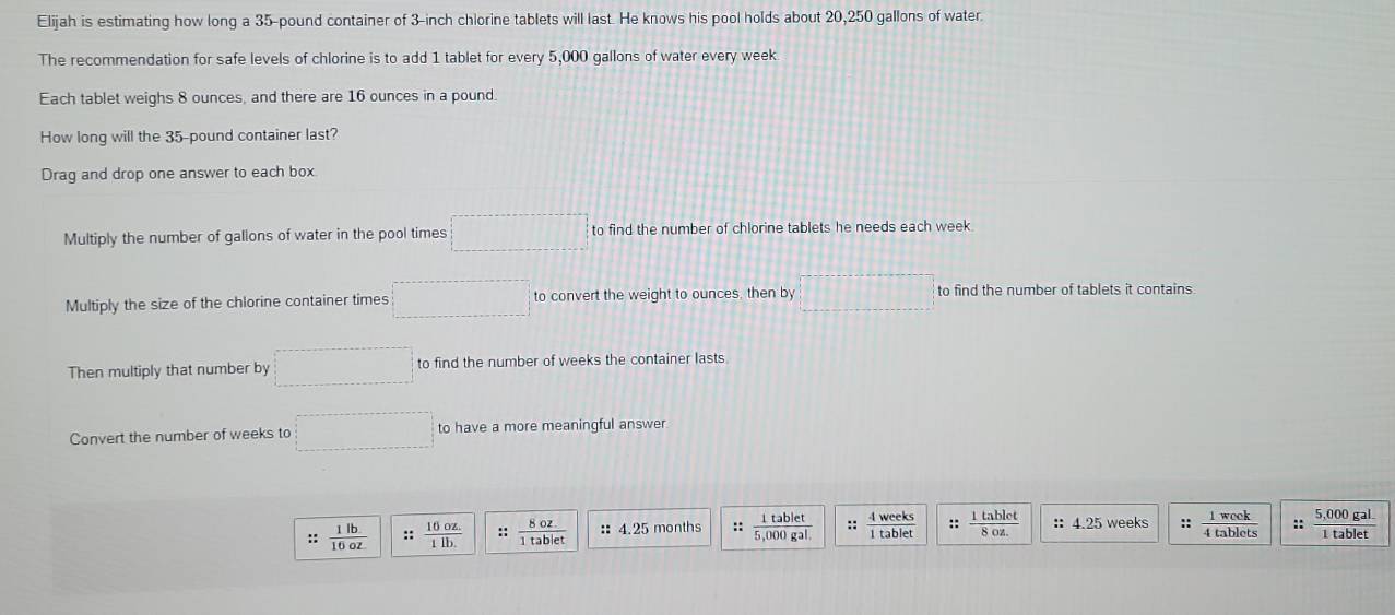 Elijah is estimating how long a 35-pound container of 3-inch chlorine tablets will last. He knows his pool holds about 20,250 gallons of water.
The recommendation for safe levels of chlorine is to add 1 tablet for every 5,000 gallons of water every week
Each tablet weighs 8 ounces, and there are 16 ounces in a pound
How long will the 35-pound container last?
Drag and drop one answer to each box
Multiply the number of gallons of water in the pool times □ to find the number of chlorine tablets he needs each week
Multiply the size of the chlorine container times □ to convert the weight to ounces, then by □ to find the number of tablets it contains
Then multiply that number by □ to find the number of weeks the container lasts
Convert the number of weeks to □ to have a more meaningful answer
frac CK ::
::  1lb/16oz  ::  (16oz.)/1lb.  ::  (8oz.)/1tablet  : 4.25 months ::  1tablet/5,000gal.  ::  4weeks/1tablet  ::  1tablet/8oz.  : 4.25 weeks ::  1w/4tal  cok  (5,000gal.)/1tablet 