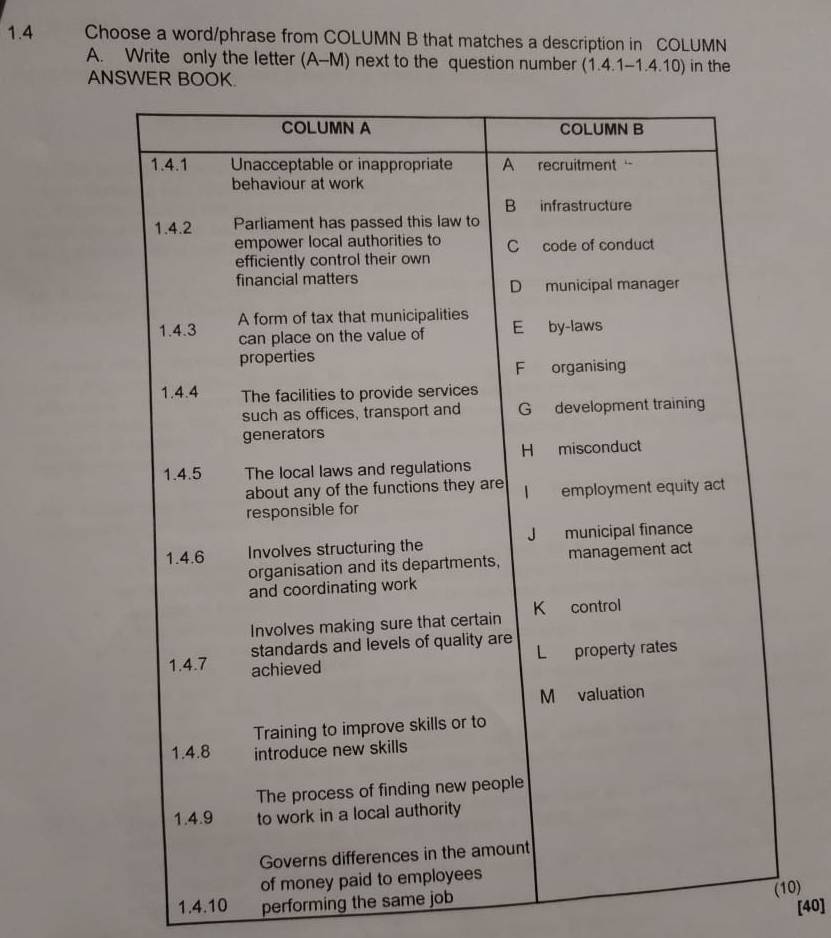 1.4 Choose a word/phrase from COLUMN B that matches a description in COLUMN
A. Write only the letter (A-M) next to the question number (1.4.1 -1.4.10) in the
ANSWER BOOK.
1.4.10 performing the same job
0)
[40]