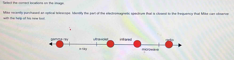 Select the correct locations on the image.
Mike recently purchased an optical telescope. Identify the part of the electromagnetic spectrum that is closest to the frequency that Mike can observe
with the help of his new tool.
gamma ray ultraviolet infrared radio
x-ray microwave