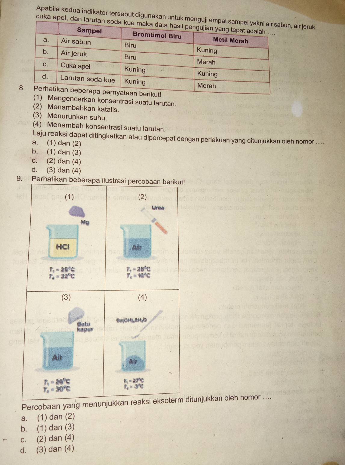 Apabila kedua indikator tersebut digunakan untuk m, air jeruk,
cuka apel, da
engencerkan konsentrasi suatu larutan.
(2) Menambahkan katalis.
(3) Menurunkan suhu.
(4) Menambah konsentrasi suatu larutan.
Laju reaksi dapat ditingkatkan atau dipercepat dengan perlakuan yang ditunjukkan oleh nomor ....
a. (1) dan (2)
b. (1) dan (3)
c. (2) dan (4)
d. (3) dan (4)
9. P
Percobaan yitunjukkan oleh nomor ....
a. (1) dan (2)
b. (1) dan (3)
c. (2) dan (4)
d. (3) dan (4)