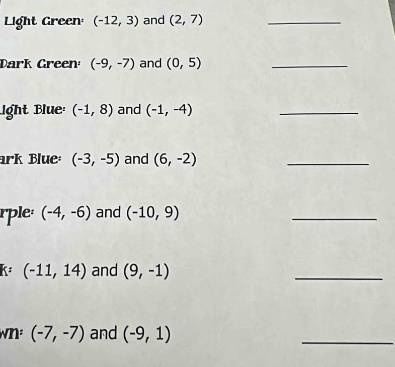 Light Green: (-12,3) and (2,7) _ 
Dark Green: (-9,-7) and (0,5)
_ 
ight Blue: (-1,8) and (-1,-4)
_ 
ark Blue: (-3,-5) and (6,-2)
_ 
rple: (-4,-6) and (-10,9)
_ 
k: (-11,14) and (9,-1)
_
(-7,-7) and (-9,1)
_