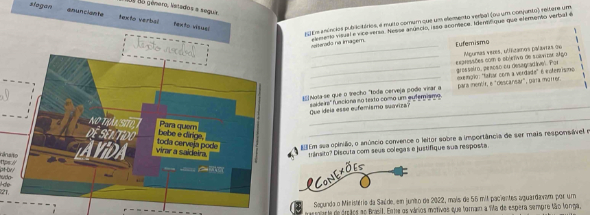 dº do gênero, listados a seguir. 
slogan anunciante texto verba! texto visual 
# Em anúncios publicitários, é muito comum que um elemento verbal (ou um conjunto) reitere um 
_ 

reiterado na imagem. elemento visual e vice versa. Nesse anúncio, isso acontece. Identifique que elemento verbal é 
Eufemismo 
Algumas vezes, utilizamos palavras ou 
_expressões com o objetivo de suavizar algo 
_grosseiro, penoso ou desagradávei. Por 
_ 
exemplo: "faltar com a verdade" é eufemismo 
Nota-se que o trecho "toda cerveja pode virar a para mentir, e "descansar", para morrer. 
saideira" funciona no texto como um eufemismo 
Que ideia esse eufemismo suaviza? 
_ 
Em sua opinião, o anúncio convence o leitor sobre a importância de ser mais responsável e 
rânsito 
tránsito? Discuta com seus colegas e justifique sua resposta. 
ttps // 
pt-br/ 
udo- 
I de 
PConexõe 
21. 
Segundo o Ministério da Saúde, em junho de 2022, mais de 56 mil pacientes aguardavam por um 
transniante de órgãos no Brasil. Entre os vários motivos que tornam a fila de espera sempre tão longa,