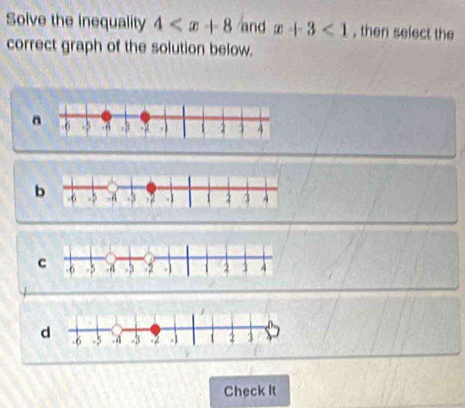 Solve the inequality 4≤slant x+8 and x+3<1</tex> , then select the 
correct graph of the solution below. 
Check It