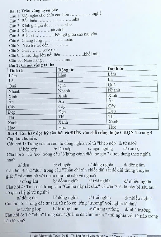 Trâu vàng uyên bác
Câu 1: Một nghề cho chín còn hơn           nghề
Câu 2: Bốn biển .……_ nhà
Câu 3: Kính giả giả đồ _.. cho
Câu 4: Kề ................sát cánh
Câu 5: Biển sẽ .............bỡ ngỡ giữa cao nguyên
Câu 6: Chung lưng .....sức
Câu 7: Yêu trẻ trẻ đến .............
Câu 8: Gan ……cóc tía
Câu 9: Chiếc đập lớn nổi liền …........... khối núi.
Câu 10: Năm nắng ............mưa
Bài 4: Em hãy đọc kỹ câu hỏi và ĐIÊN vào chỗ trống hoặc CHIQN 1 trong 4
đáp án cho sẵn.
Câu hỏi 1: Trong các từ sau, từ đồng nghĩa với từ ''khép nép'' là từ nảo?
a/ bép xép b/ lép xép c/ ngại ngùng d/ run sợ
Câu hỏi 2: Từ "no'' trong câu ''Những cánh diều no gió." được dùng theo nghĩa
nào?
a/ đen b/ chuyển c/ đồng nghĩa d/ đồng âm
Câu hỏi 3: Từ "dùi" trong câu "Thần chỉ xin chiếc dùi sắt đề dùi thùng thuyền
giặc.'' có quan hệ với nhau nhự thế nào về nghĩa? d/ nhiều nghĩa
a/ đồng âm b/ đồng nghĩa c/ trái nghĩa
Câu hỏi 4: Từ "sâu" trong câu "Cái hổ này rất sâu." và câu "Cái lá này bị sầu ăn.'
có quan hệ gì về nghĩa?
a/ đồng âm b/ đồng nghĩa c/ trái nghĩa d/ nhiều nghĩa
Câu hỏi 5: Trong các từ sau, từ nào có tiếng "trường" với nghĩa là dài?
a/ trường lớp b/ trường học c/ đường trường d/ nhà trường
Câu hỏi 6: Từ "chín" trong câu "Quả na đã chín mềm." trái nghĩa với từ nào trong
các từ sau?
Luyên Violympic Toán lớp 5 - Tài liệu ôn thị vào chuyên -1