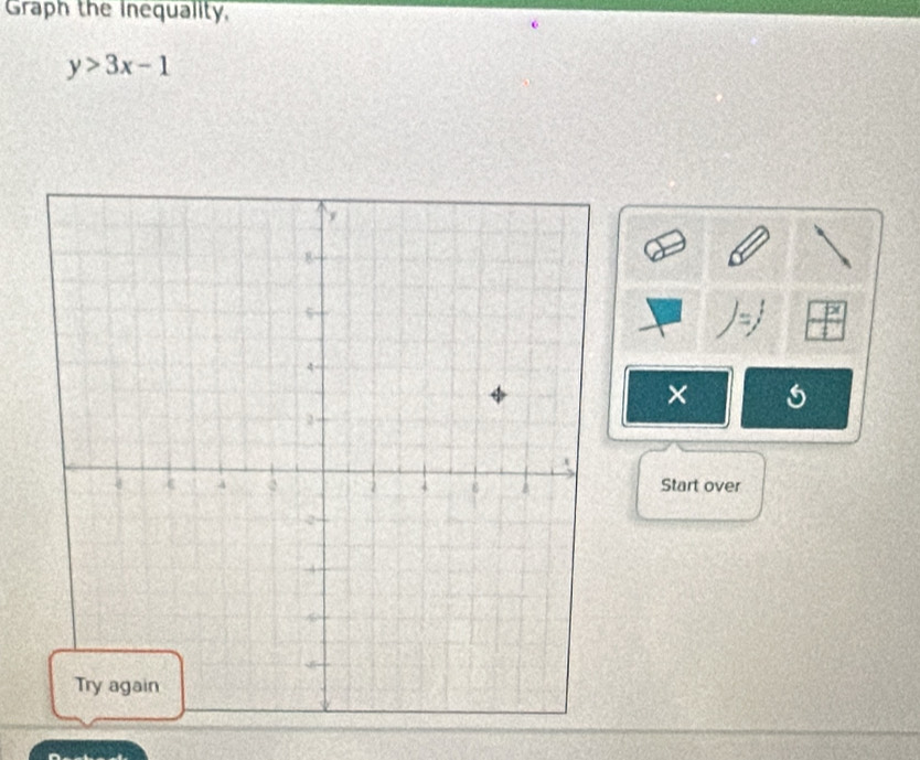 Graph the Inequality,
y>3x-1. 
× 
Start over