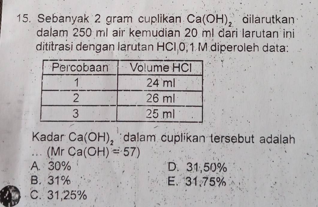 Sebanyak 2 gram cuplikan Ca(OH)_2 dilarutkan
dalam 250 ml air kemudian 20 ml đari larutan ini
dititrasi dengan larutan HCI 0, 1 M diperoleh data:
Kadar Ca(OH)_2 dalam cuplikan tersebut adalah 
(Mr Ca(OH)=57)
A. 30% D. 31,50%
B. 31% E. 31:75%
C. 31,25%