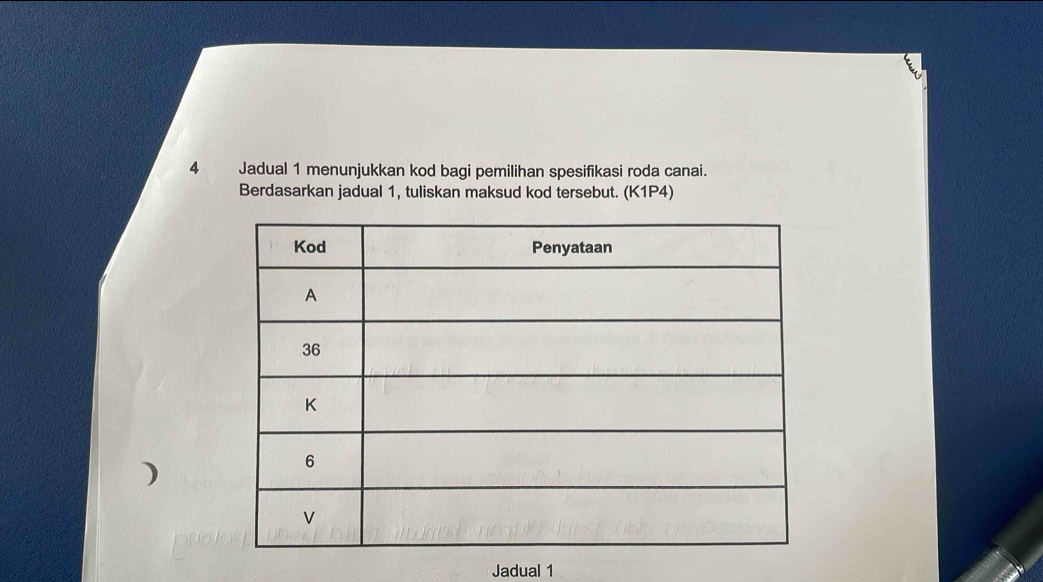 Jadual 1 menunjukkan kod bagi pemilihan spesifikasi roda canai. 
Berdasarkan jadual 1, tuliskan maksud kod tersebut. (K1P4) 
) 
Jadual 1