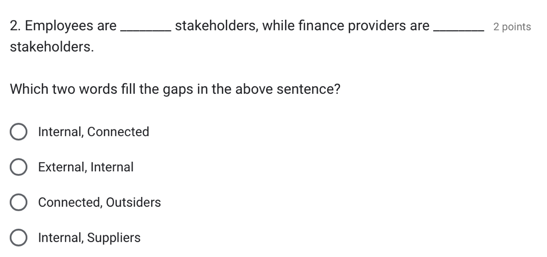 Employees are _stakeholders, while finance providers are _2 points
stakeholders.
Which two words fill the gaps in the above sentence?
Internal, Connected
External, Internal
Connected, Outsiders
Internal, Suppliers