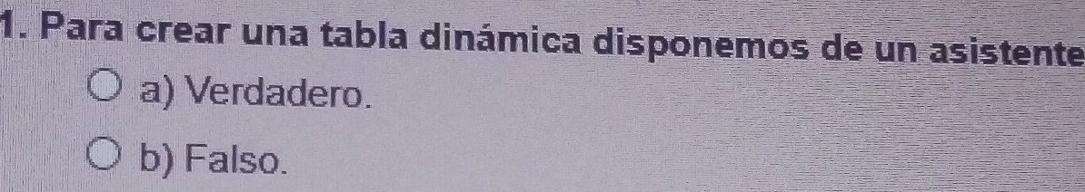 Para crear una tabla dinámica disponemos de un asistente
a) Verdadero.
b) Falso.