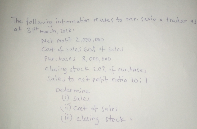 The following information relates to mr. savio a trader as 
at 31^(st) march, 2018. 
Ner profit 2, 000, 000
cost of sales 60% of sales 
purchases 8, 000, 000
closing stock 20% of purchases 
Sales to net profit ratio 10:1
Determine 
(1) sales 
(in) cost of sales 
(Tn) closing stock.