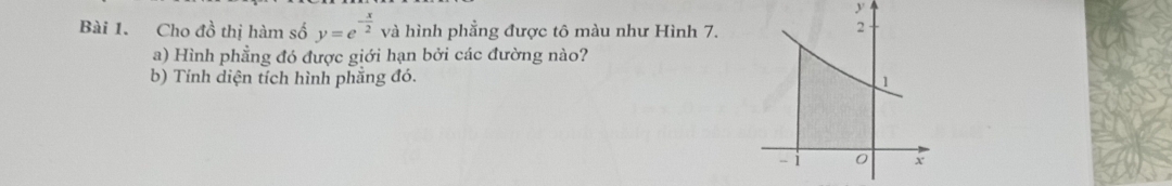 y
Bài 1. Cho đồ thị hàm số y=e^(-frac x)2 và hình phẳng được tô màu như Hình 7. 
a) Hình phẳng đó được giới hạn bởi các đường nào? 
b) Tính diện tích hình phẳng đó.