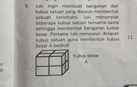 Juki ingin membuat bangunan dari 
kubus satuan yang disusun membentuk 
sebuah konstruksi. Juki menumpuk 
beberapa kubus satuan bersama-sama 
sehingga membentuk bangunan kubus 
besar. Pertama Juki menyusun delapan 
kubus satuan guna membentuk kubus 11. 
besar A berikut! 
Kubus besar 
A 
S 
si