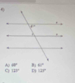 A) 60° B) 61°
C) 123° D) 125°