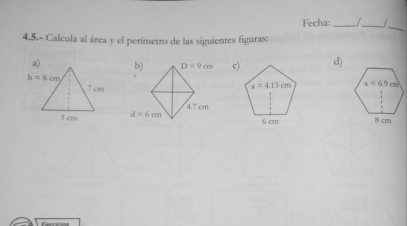 Fecha: _  _/
4.5.- Calcula al área y el perímetro de las siguientes figuras:
c)
d)
 
Eiercicios