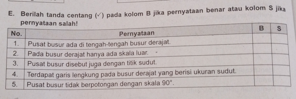 Berilah tanda centang ( ) pada kolom B jika pernyataan benar atau kolom S jika