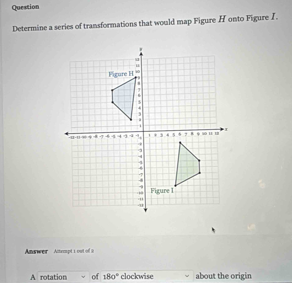 Question 
Determine a series of transformations that would map Figure H onto Figure I. 
Answer Attempt 1 out of 2 
A rotation of 180° clockwise about the origin