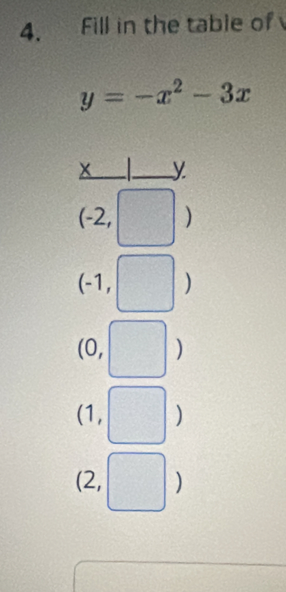 Fill in the table of
y=-x^2-3x
_ x
_ y
(-2, )
(-1, )
(0, )
(1, )
(2, )