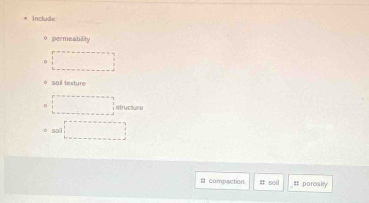 Include: 
。 permeability 
。 
soil texture 
。 structure 
soil 
compaction soil :: porosity