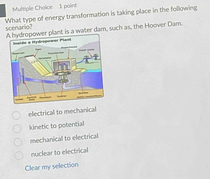 What type of energy transformation is taking place in the following
scenario?
er plant is a water dam, such as, the Hoover Dam.
electrical to mechanical
kinetic to potential
mechanical to electrical
nuclear to electrical
Clear my selection