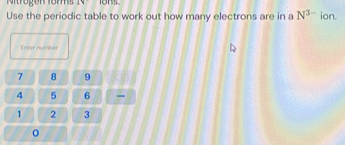 Nitrogen forms IV lons. 
Use the periodic table to work out how many electrons are in a N^(3-) ion. 
Enter number
7 8 9
4 5 6
1 2 3