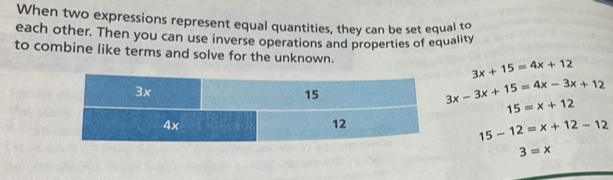 When two expressions represent equal quantities, they can be set equal to 
each other. Then you can use inverse operations and properties of equality 
to combine like terms and solve for the unknown. 3x+15=4x+12
3x-3x+15=4x-3x+12
15=x+12
15-12=x+12-12
3=x