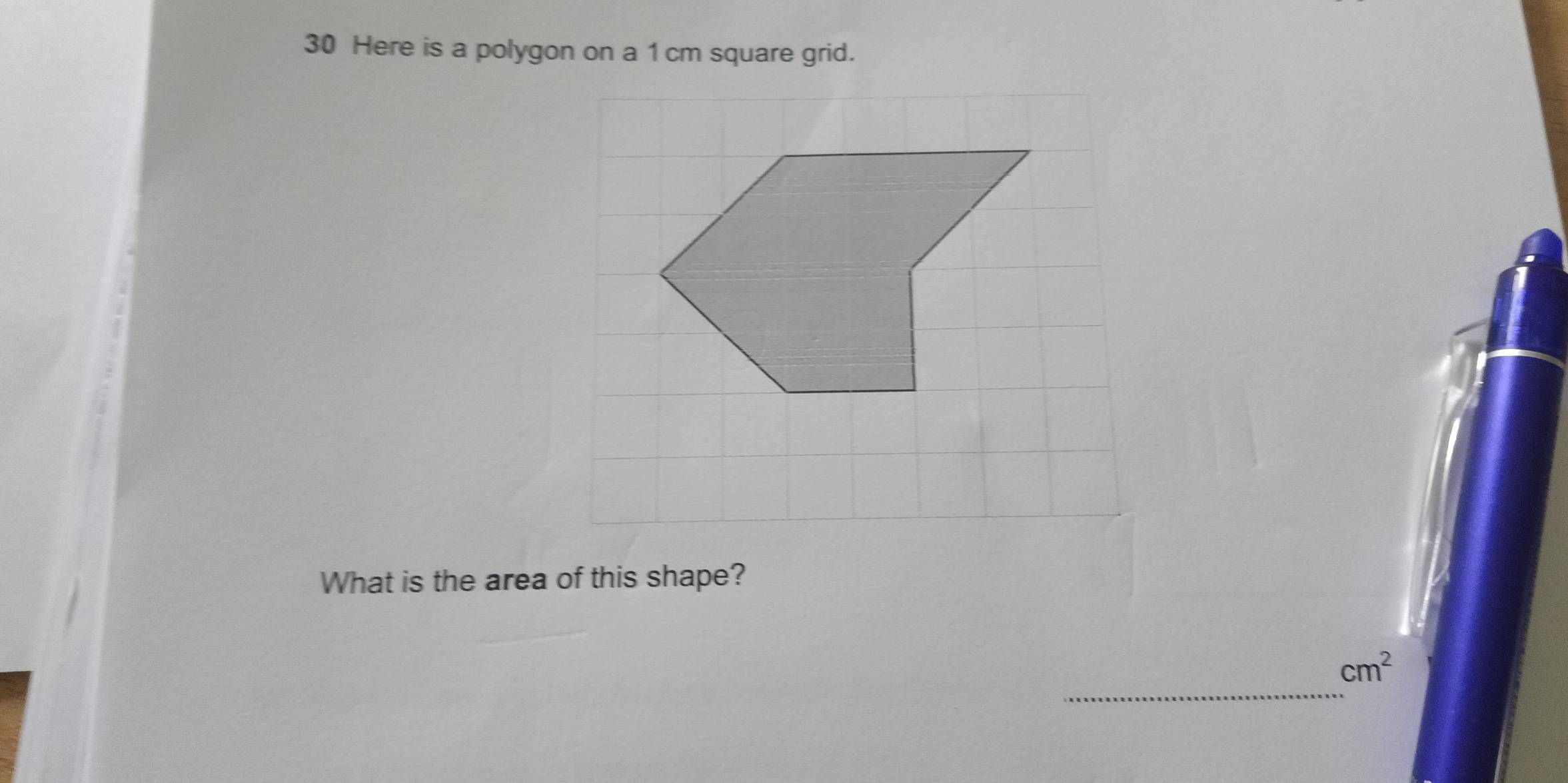 Here is a polygon on a 1 cm square grid. 
What is the area of this shape? 
_
cm^2