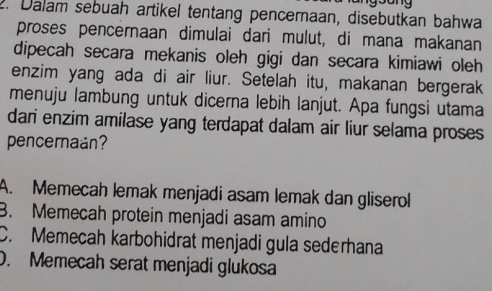 sang
2. Dalam sebuah artikel tentang pencernaan, disebutkan bahwa
proses pencernaan dimulai dari mulut, di mana makanan
dipecah secara mekanis oleh gigi dan secara kimiawi oleh 
enzim yang ada di air liur. Setelah itu, makanan bergerak
menuju lambung untuk dicerna lebih lanjut. Apa fungsi utama
dari enzim amilase yang terdapat dalam air liur selama proses
pencernaan?
A. Memecah lemak menjadi asam lemak dan gliserol
B. Memecah protein menjadi asam amino
C. Memecah karbohidrat menjadi gula sederhana
D. Memecah serat menjadi glukosa