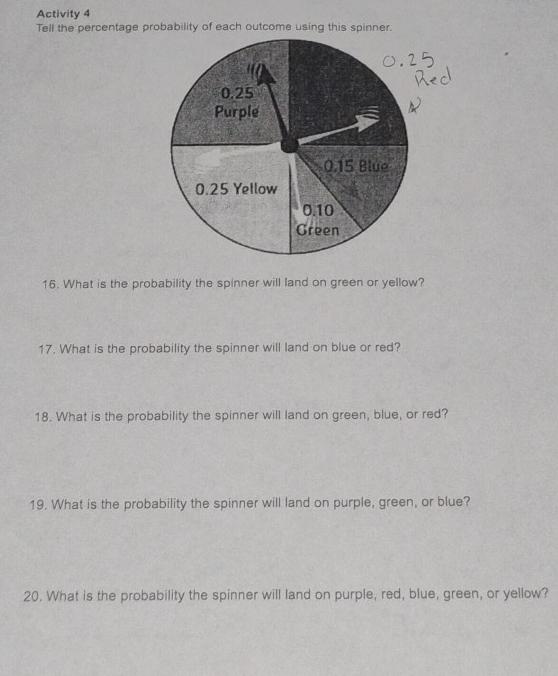 Activity 4 
Tell the percentage probability of each outcome using this spinner. 
16. What is the probability the spinner will land on green or yellow? 
17. What is the probability the spinner will land on blue or red? 
18. What is the probability the spinner will land on green, blue, or red? 
19. What is the probability the spinner will land on purple, green, or blue? 
20. What is the probability the spinner will land on purple, red, blue, green, or yellow?