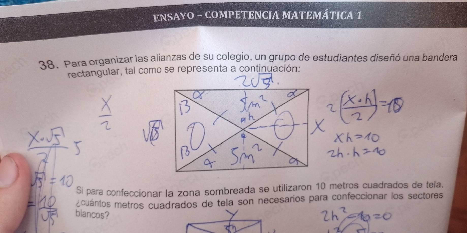 ENSAYO - COMPETENCIA MATEMÁTICA 1 
38. Para organizar las alianzas de su colegio, un grupo de estudiantes diseñó una bandera 
rectangular, tal como se representa a continuación: 
Sí para confeccionar la zona sombreada se utilizaron 10 metros cuadrados de tela, 
¿cuántos metros cuadrados de tela son necesarios para confeccionar los sectores 
blancos?