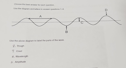 Choose the best answer for each question. 
Use the diagram and letters to answer queations 1-4 D 
Lise the above diagram to label the parts of the wave 
8。 Trough 
9. Crest 
，Wavelength 
f /. Amplitude