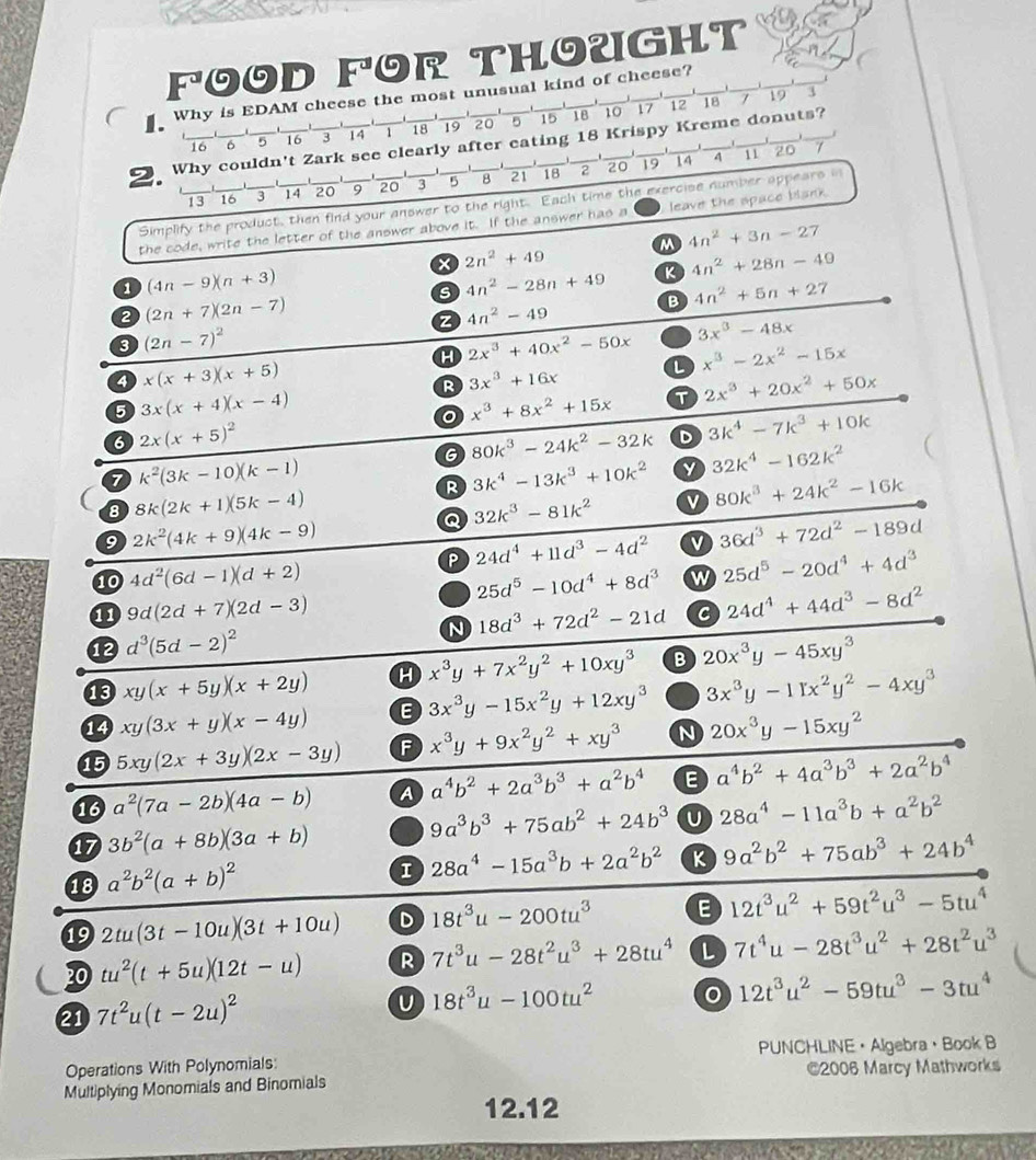 FOOD FOR THO2GHT__
Why is EDAM cheese the most unusual kind of cheese?
  
16 6 5 16 3 14 1 18 19 20 5 15 18 10 17 12 18  、 7 19 3
Why couldn't Zark see clearly after eating 18 Krispy Kreme donuts?
   
1
13  16 3 14 20 9 20 3 5 8 21 18 2 20 19 14 4 11 20
7
Simplify the product, then find your answer to the right. Each time the exercise number appears in
the code, write the letter of the answer above it. If the answer has a leave the space bisnk.
M 4n^2+3n-27
X 2n^2+49
a (4n-9)(n+3)
s 4n^2-28n+49 K 4n^2+28n-49
B 4n^2+5n+27
2 (2n+7)(2n-7)
z 4n^2-49
3 (2n-7)^2
3x^3-48x
H 2x^3+40x^2-50x x^3-2x^2-15x
4 x(x+3)(x+5)
R 3x^3+16x L
5 3x(x+4)(x-4)
x^3+8x^2+15x T 2x^3+20x^2+50x
6 2x(x+5)^2
6 80k^3-24k^2-32k D 3k^4-7k^3+10k
7 k^2(3k-10)(k-1)
R 3k^4-13k^3+10k^2 y 32k^4-162k^2
8 8k(2k+1)(5k-4)
Q 32k^3-81k^2 v 80k^3+24k^2-16k
9 2k^2(4k+9)(4k-9)
P 24d^4+11d^3-4d^2 v 36d^3+72d^2-189d
10 4d^2(6d-1)(d+2) 25d^5-10d^4+8d^3 W 25d^5-20d^4+4d^3
11 9d(2d+7)(2d-3)
N 18d^3+72d^2-21d C 24d^4+44d^3-8d^2
d^3(5d-2)^2
13 xy(x+5y)(x+2y) H x^3y+7x^2y^2+10xy^3 B 20x^3y-45xy^3
14 xy(3x+y)(x-4y) E 3x^3y-15x^2y+12xy^3 3x^3y-11x^2y^2-4xy^3
15 5xy(2x+3y)(2x-3y) F x^3y+9x^2y^2+xy^3 N 20x^3y-15xy^2
16 a^2(7a-2b)(4a-b) A a^4b^2+2a^3b^3+a^2b^4 E a^4b^2+4a^3b^3+2a^2b^4
17 3b^2(a+8b)(3a+b) 9a^3b^3+75ab^2+24b^3 U 28a^4-11a^3b+a^2b^2
18 a^2b^2(a+b)^2
I 28a^4-15a^3b+2a^2b^2 K 9a^2b^2+75ab^3+24b^4
19 2tu(3t-10u)(3t+10u) D 18t^3u-200tu^3 E 12t^3u^2+59t^2u^3-5tu^4
tu^2(t+5u)(12t-u) R 7t^3u-28t^2u^3+28tu^4 L 7t^4u-28t^3u^2+28t^2u^3
21 7t^2u(t-2u)^2
U 18t^3u-100tu^2
12t^3u^2-59tu^3-3tu^4
Operations With Polynomials: PUNCHLINE·Algebra · Book B
Multiplying Monomials and Binomials @2006 Marcy Mathworks
12.12