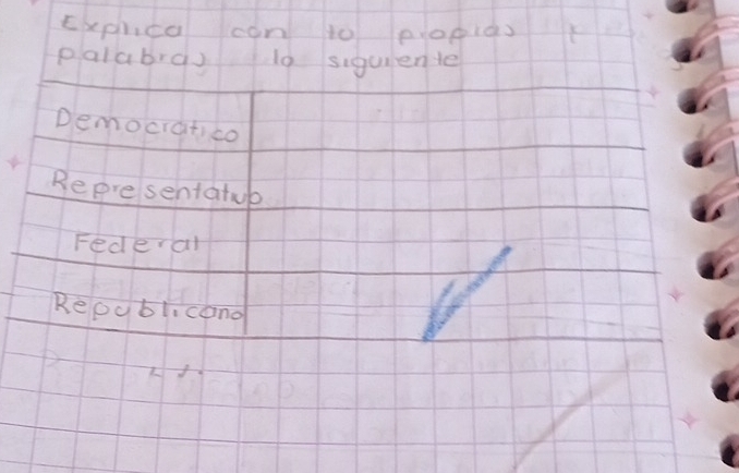 Explica con to propias 
palabra 10 siquiente 
Democratico 
Representatub 
Federal 
Republ.cano