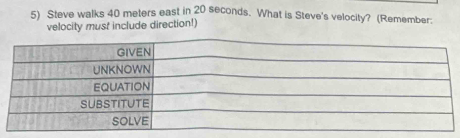 Steve walks 40 meters east in 20 seconds. What is Steve's velocity? (Remember: 
velocity must include direction!)