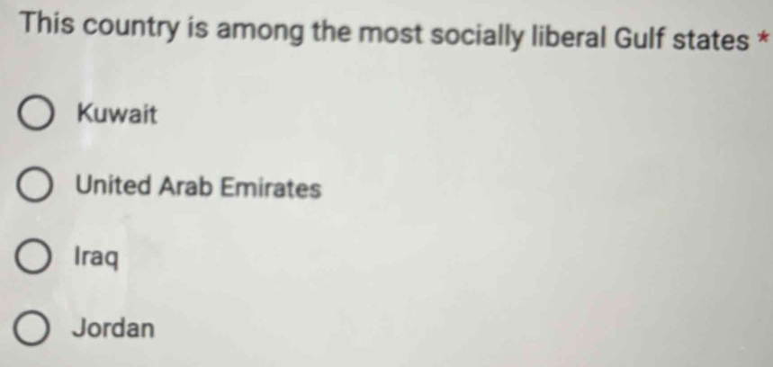 This country is among the most socially liberal Gulf states *
Kuwait
United Arab Emirates
Iraq
Jordan