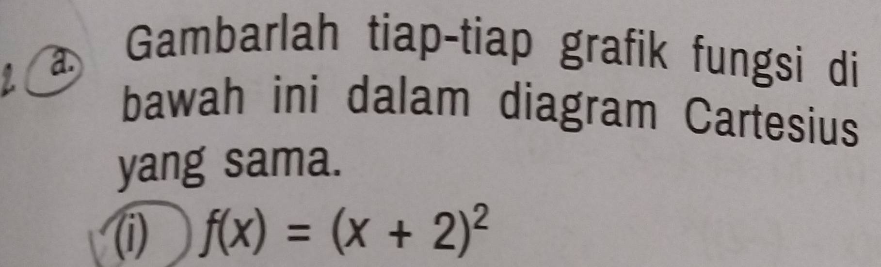 Gambarlah tiap-tiap grafik fungsi di 
bawah ini dalam diagram Cartesius 
yang sama. 
(i) f(x)=(x+2)^2