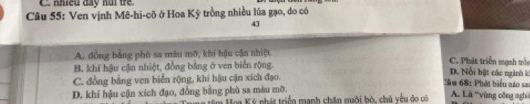 C. nmều đay húi tre.
Câu 55: Ven vịnh Mê-hi-cô ở Hoa Kỳ trồng nhiều lúa gạo, do có
43
A. đồng bằng phù sa màu mỡ, khí hậu cận nhiệt. C. Phát triển mạnh tròn
B. khí hậu cận nhiệt, đồng bằng ở ven biển rộng.
D. Nổi bật các ngành k
C. đồng bằng ven biển rộng, khí hậu cận xích đạo. Sầm 68: Phát biểu nào sa
D. khí hậu cận xích đạo, đồng bằng phù sa màu mỡ.
Ioa Kỳ nhất triển manh chăn nuôi bỏ, chủ yếu đo có A. Là 'vùng công nghi