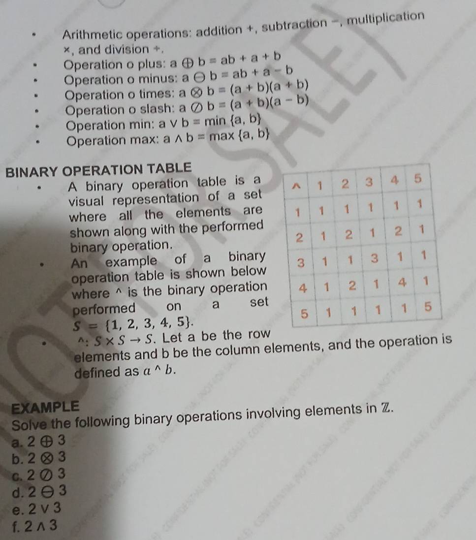 Arithmetic operations: addition +, subtraction -, multiplication 
×, and division +. 
Operation o plus: a oplus b=ab+a+b
aTheta b=ab+a-b
Operation o minus: aotimes b=(a+b)(a+b)
Operation o times: aotimes b=(a+b)(a-b)
Operation o slash: 
Operation min: a L b=min a,b
Operation max: awedge b=ma*  a,b
BINARY OPERATION TABLE 
A binary operation table is a 
visual representation of a set 
where all the elements are 
shown along with the performed 
binary operation. 
An example of a binary 
operation table is shown below 
where^(is the binary operation . 
performed on a set
S= 1,2,3,4,5).
^wedge :S* Sto S. Let a be the row 
elements and b be the column elements, and the operation is 
defined as a^(wedge)b. 
EXAMPLE 
Solve the following binary operations involving elements in Z. 
a. 2 ⊕3
b. 2× 3
c. 2 ① 3
d. 23
e. 2 v 3
f. 2 ∧ 3